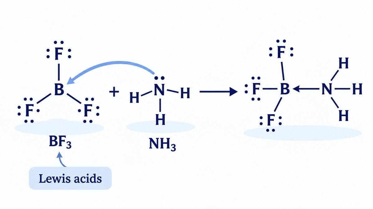 A flat chemistry diagram shows BF₃ accepting a lone pair from NH₃ to form an adduct, with labels on a light indigo and navy background.