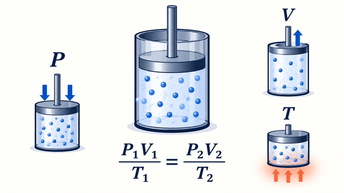 A navy piston cylinder sits beside the combined gas law equation, with small indigo symbols for pressure, volume, and temperature on a light background.