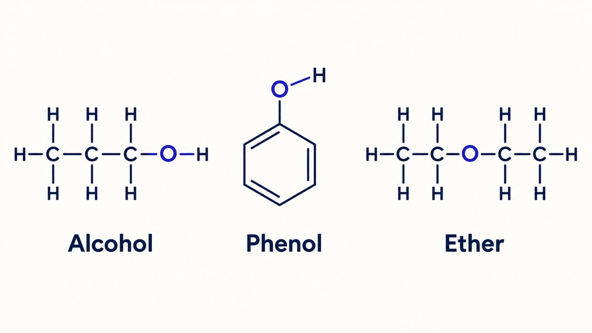 Three labeled structural formulas compare an alcohol’s R–O–H, phenol’s Ar–O–H, and an ether’s oxygen bridge between two carbon groups.