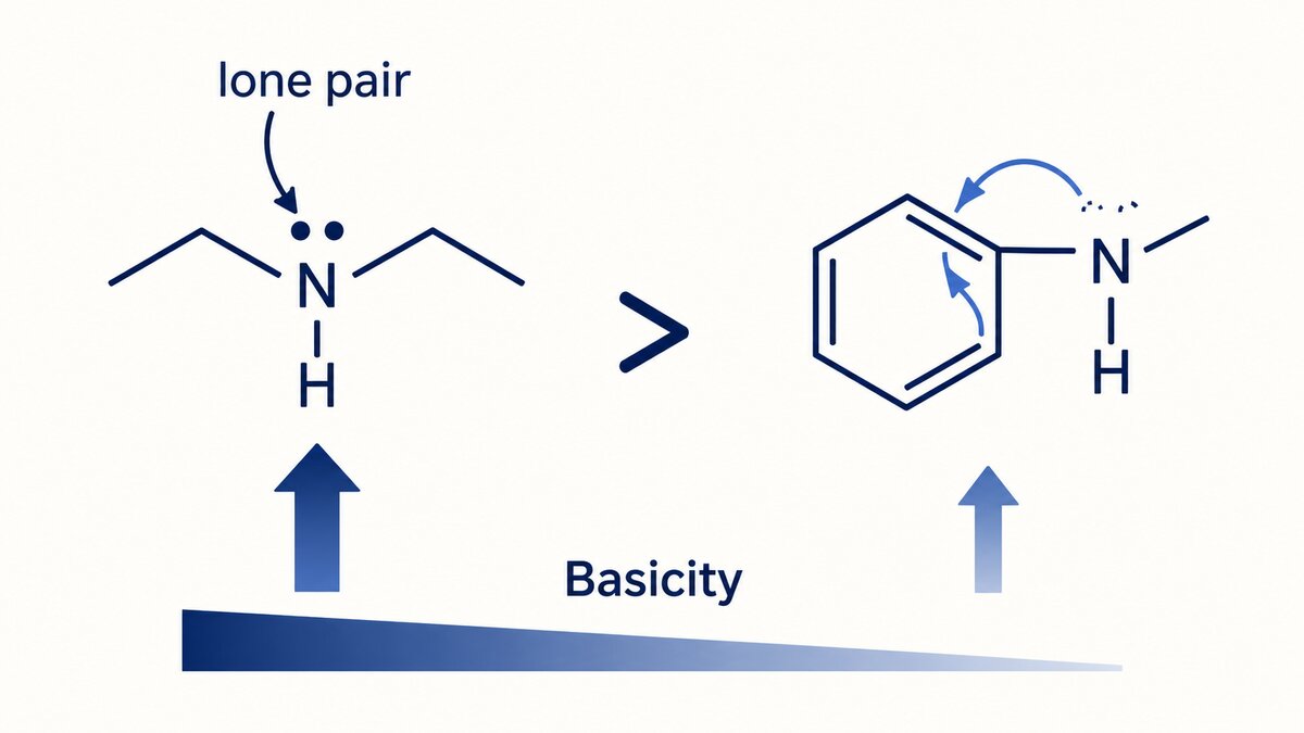 Flat indigo chemistry diagram compares an alkyl amine with an available nitrogen lone pair to an aniline structure with its lone pair delocalized into a benzene ring.