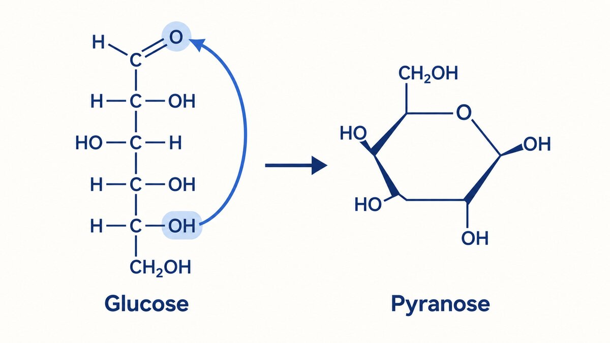 Flat indigo diagram shows an open six-carbon glucose chain closing into a six-membered pyranose ring, with a curved arrow indicating the ring-forming step.