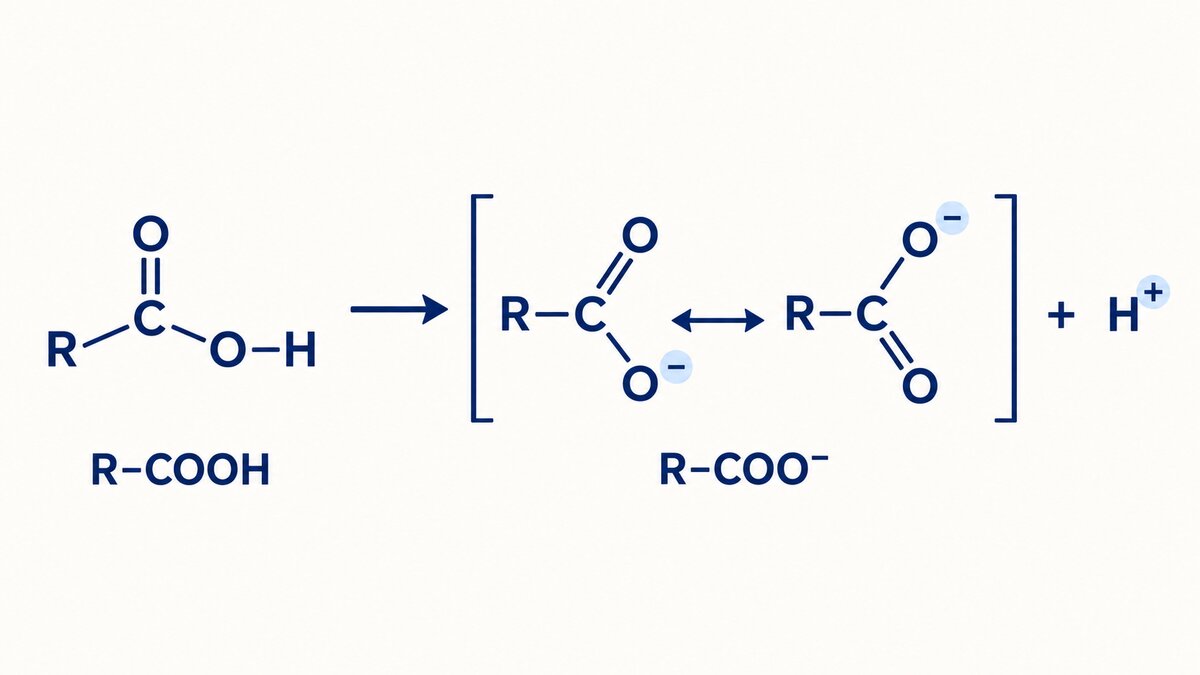 A flat indigo chemistry diagram shows R–COOH losing H⁺ and forming R–COO⁻, with two equivalent resonance forms sharing the negative charge across both oxygen atoms.