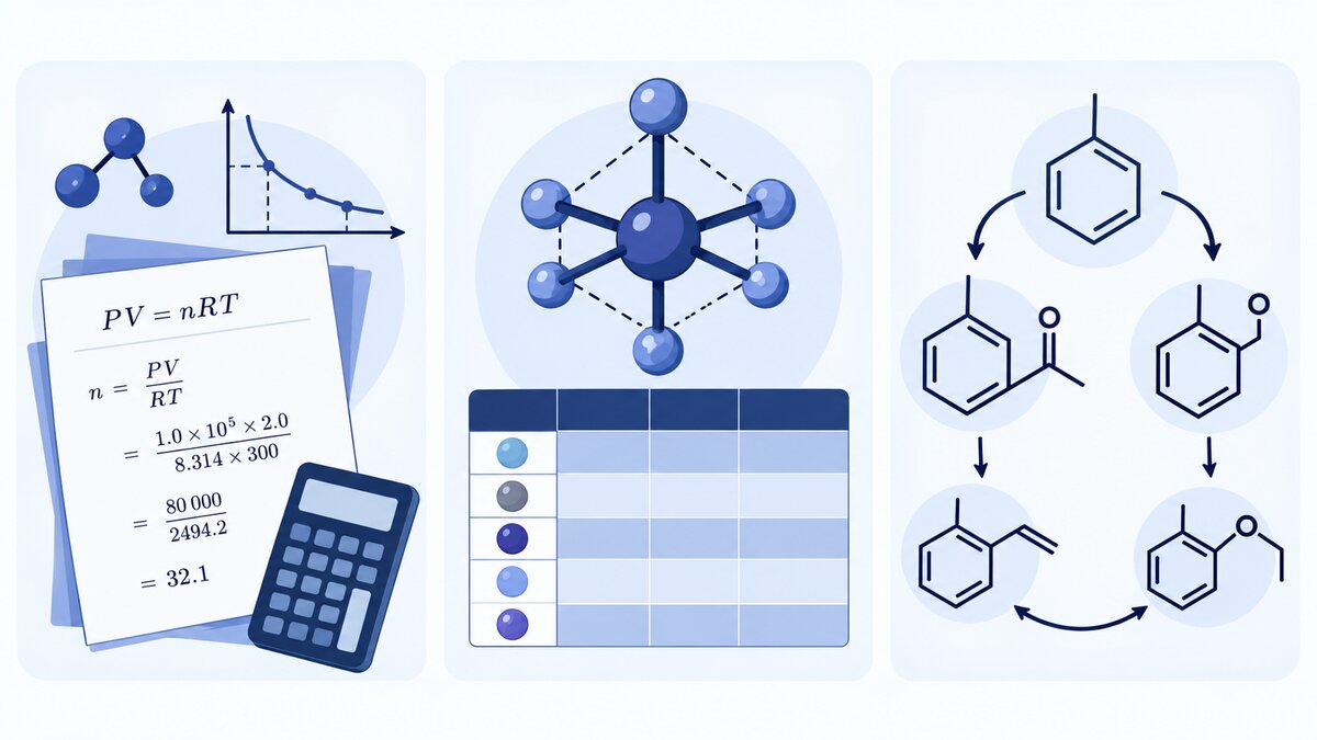 Three indigo and navy study panels show a solved calculation, a coordination complex with comparison grid, and molecular structures connected by reaction arrows.