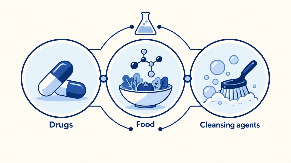 A flat indigo chemistry infographic links a capsule, a food bowl with a molecule, and cleaning bubbles with a brush across three labeled panels.