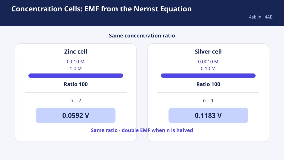 Two worked concentration cells show the same ratio of 100, with zinc EMF 0.0592 V and silver EMF 0.1183 V.