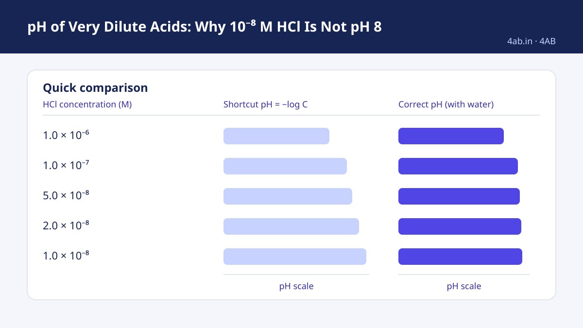 A comparison of five dilute HCl concentrations shows shortcut pH values rising from 6.00 to 8.00 while correct pH values stay below 7, from 5.996 to 6.98.