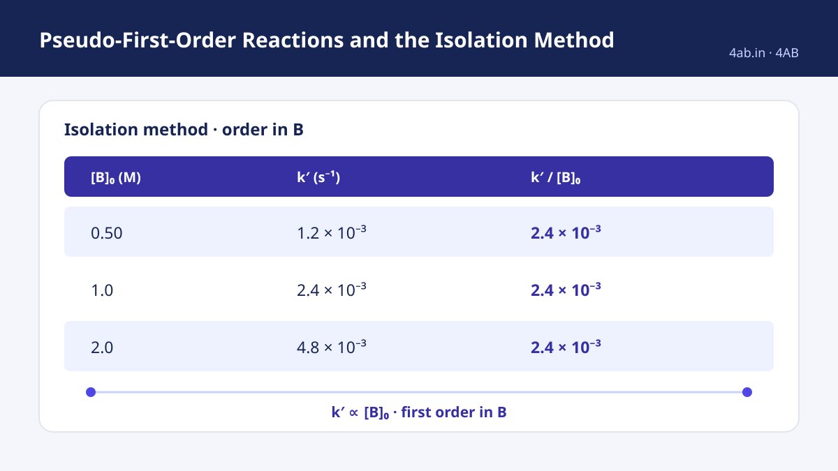 A three-row isolation-method table shows [B]₀ values 0.50, 1.0, and 2.0 M, corresponding k′ values 1.2 × 10⁻³, 2.4 × 10⁻³, and 4.8 × 10⁻³ s⁻¹, and a constant ratio of 2.4 × 10⁻³.