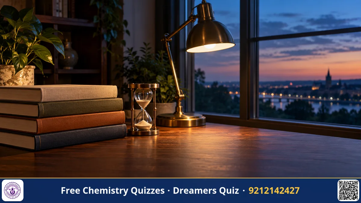 A study desk by a window at dusk with stacked books, a lit desk lamp and a small hourglass, calm focused mood.