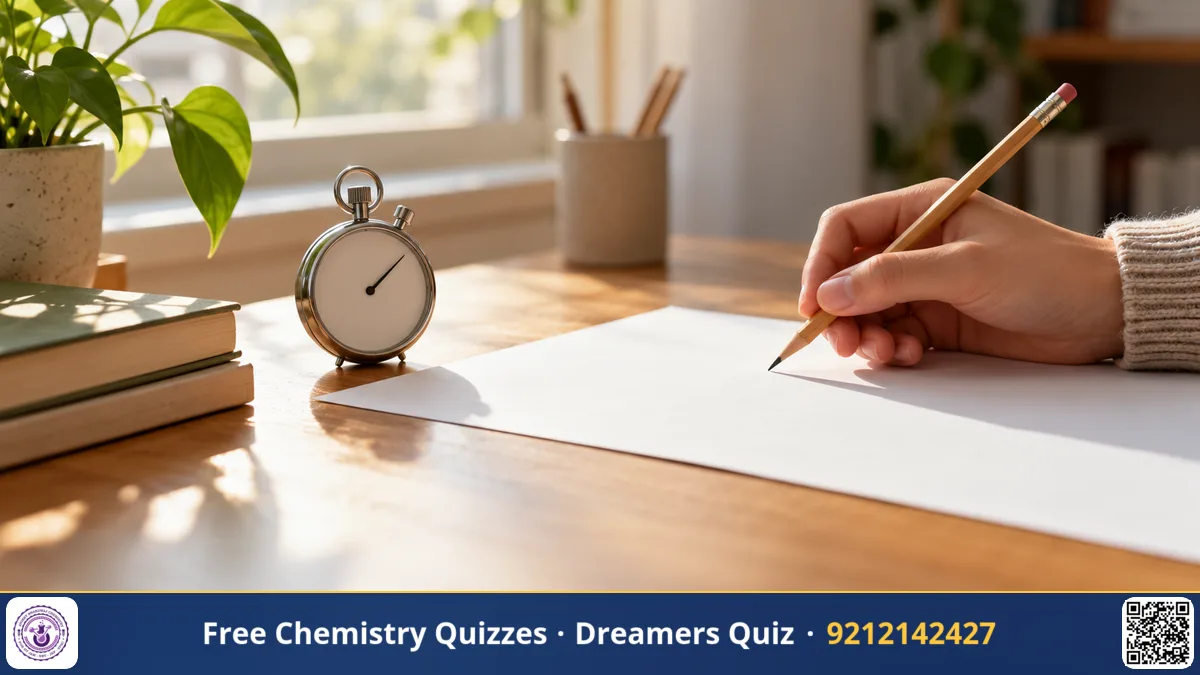 A student's hand holding a pencil next to a small analogue stopwatch on a desk beside a blank sheet of paper, warm light.