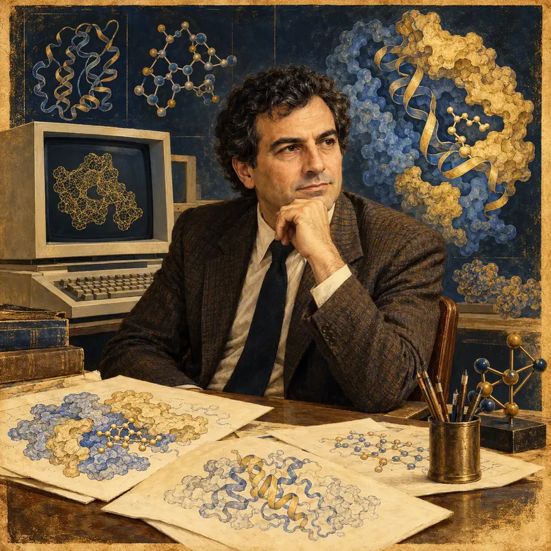 Portrait illustration of Arieh Warshel