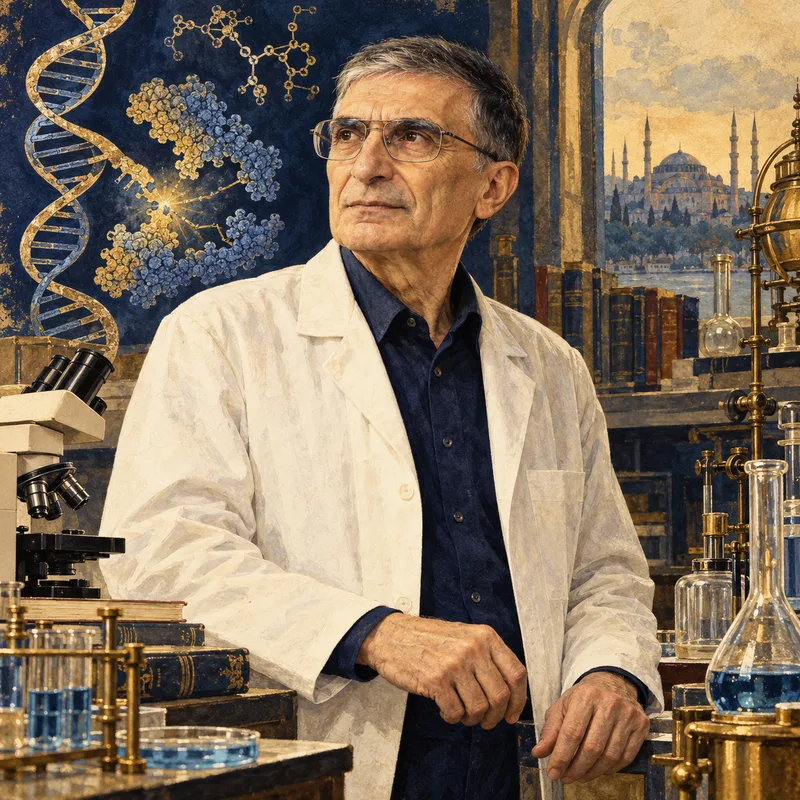 Portrait illustration of Aziz Sancar