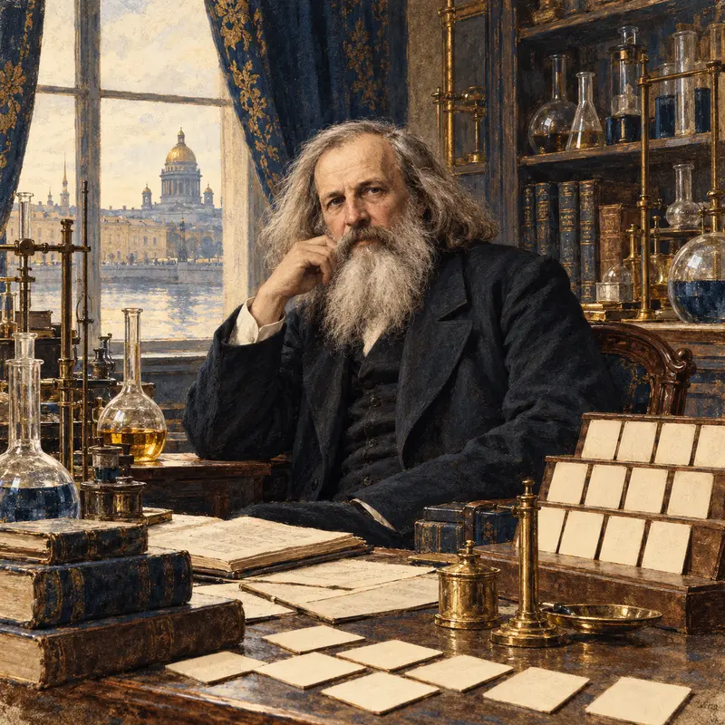 Portrait illustration of Dmitri Mendeleev