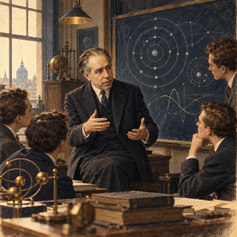 Portrait illustration of Niels Bohr
