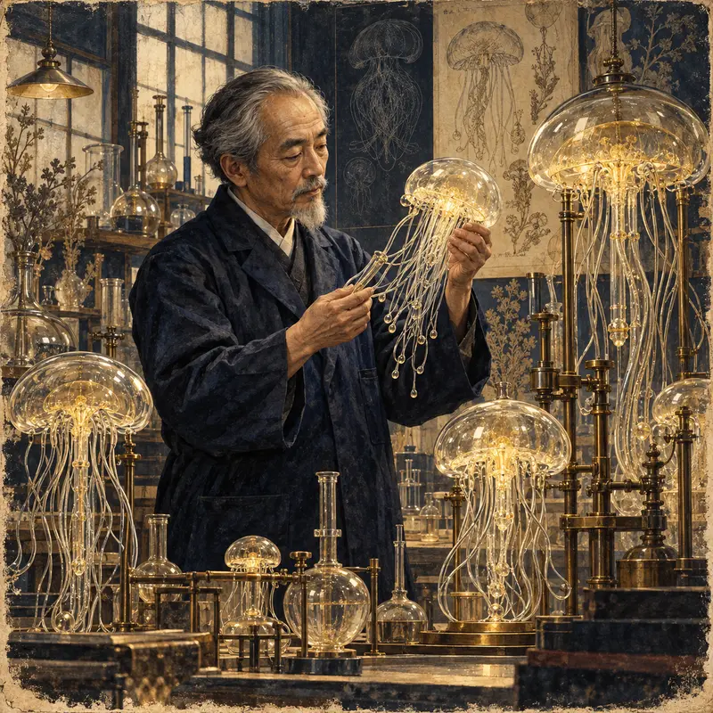 Portrait illustration of Osamu Shimomura