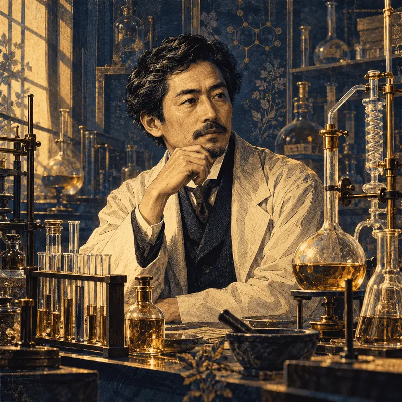 Portrait illustration of Ryoji Noyori