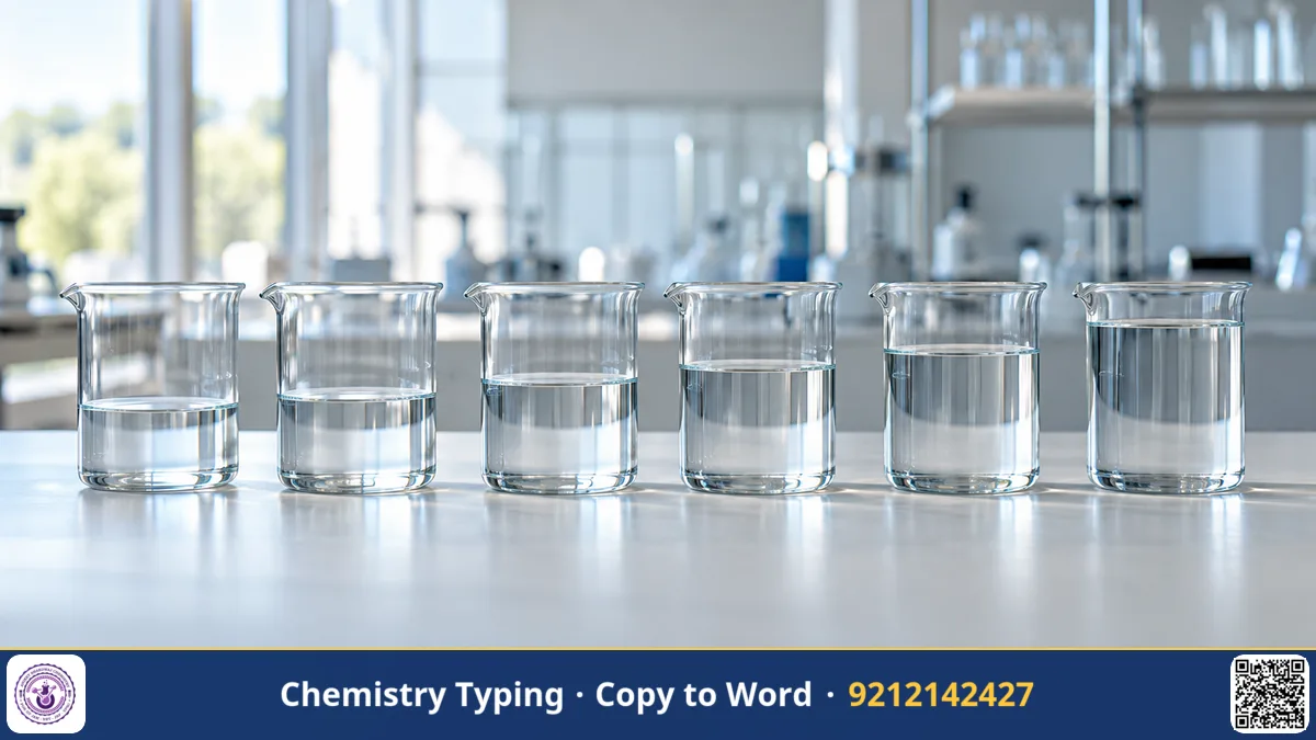A row of identical glass beakers filled with clear liquid to slightly different levels, side lighting in a clean laboratory.