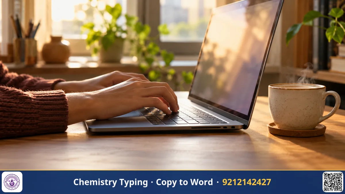 A laptop keyboard seen at an angle with a student's hands typing and a cup of chai beside it, the screen out of focus and.
