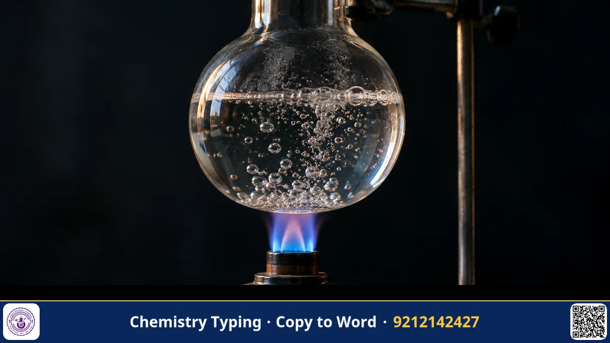 A laboratory flask gently heated over a small flame with bubbles rising, close-up on a dark background.