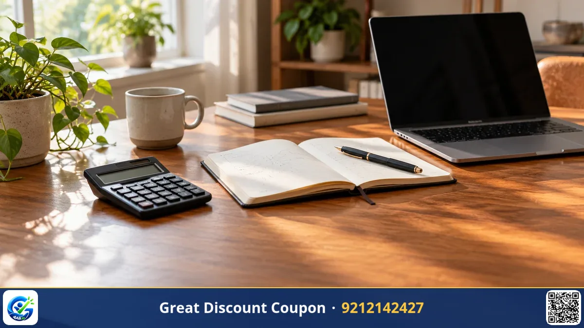 A clean wooden desk with a calculator, notebook, fountain pen, and a closed laptop in warm natural morning light.