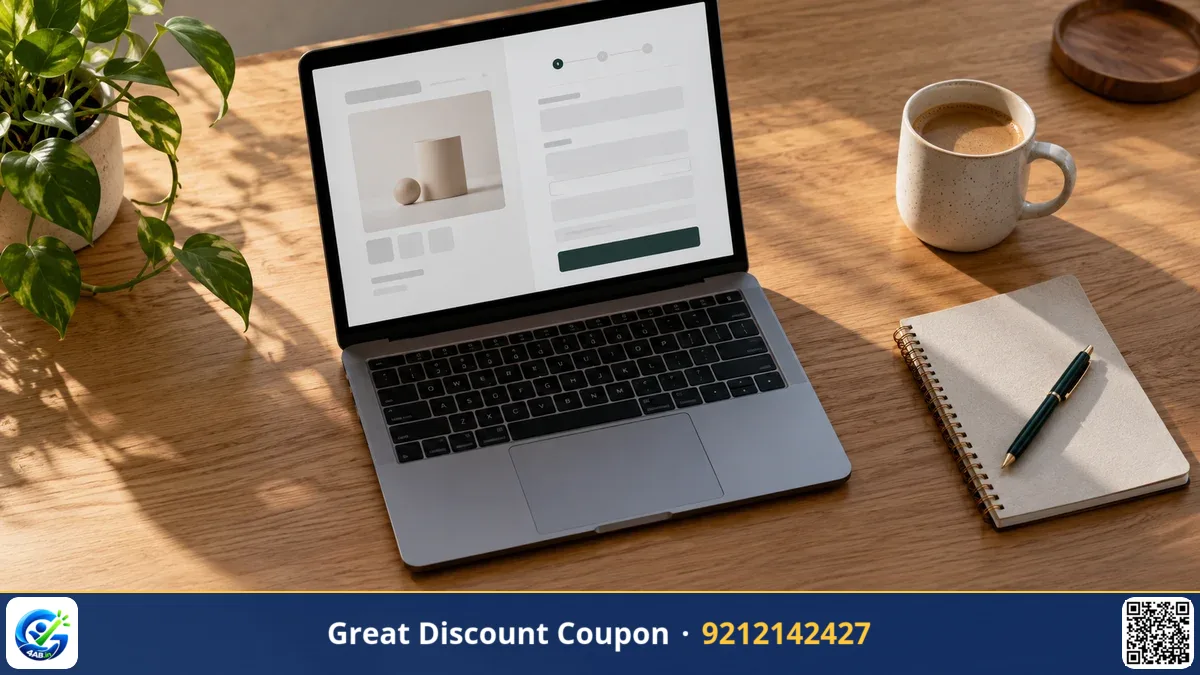 A shopper reviewing an order summary and promo code box on a laptop screen beside a cup of tea.