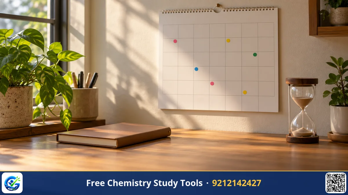 A study desk with a wall calendar covered in small coloured sticky dots, a closed notebook and a small hourglass, soft.