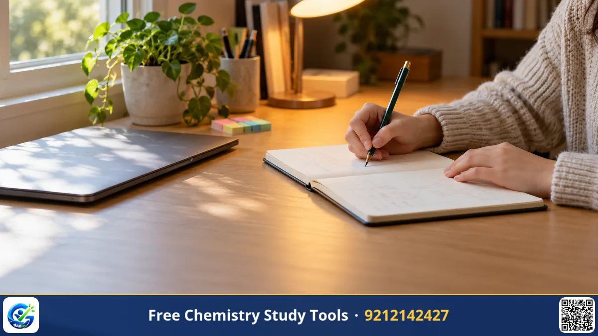 A student's hands writing revision notes in a plain notebook beside a closed laptop, coloured sticky tabs, a small plant.