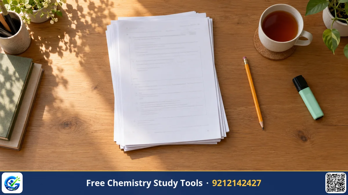 A tidy student desk seen from above with a stack of printed exam papers, a pencil, a highlighter and a cup of tea, soft.