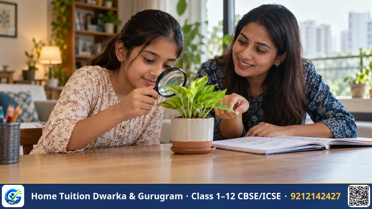 Young student examining a plant leaf with a magnifying glass beside a science notebook and test tubes