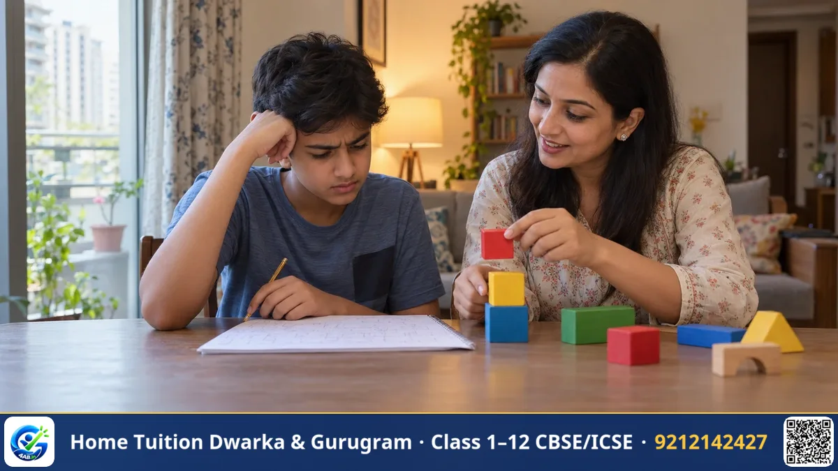 A teacher pointing out geometry steps and algebraic corrections in a student notebook with a ruler nearby