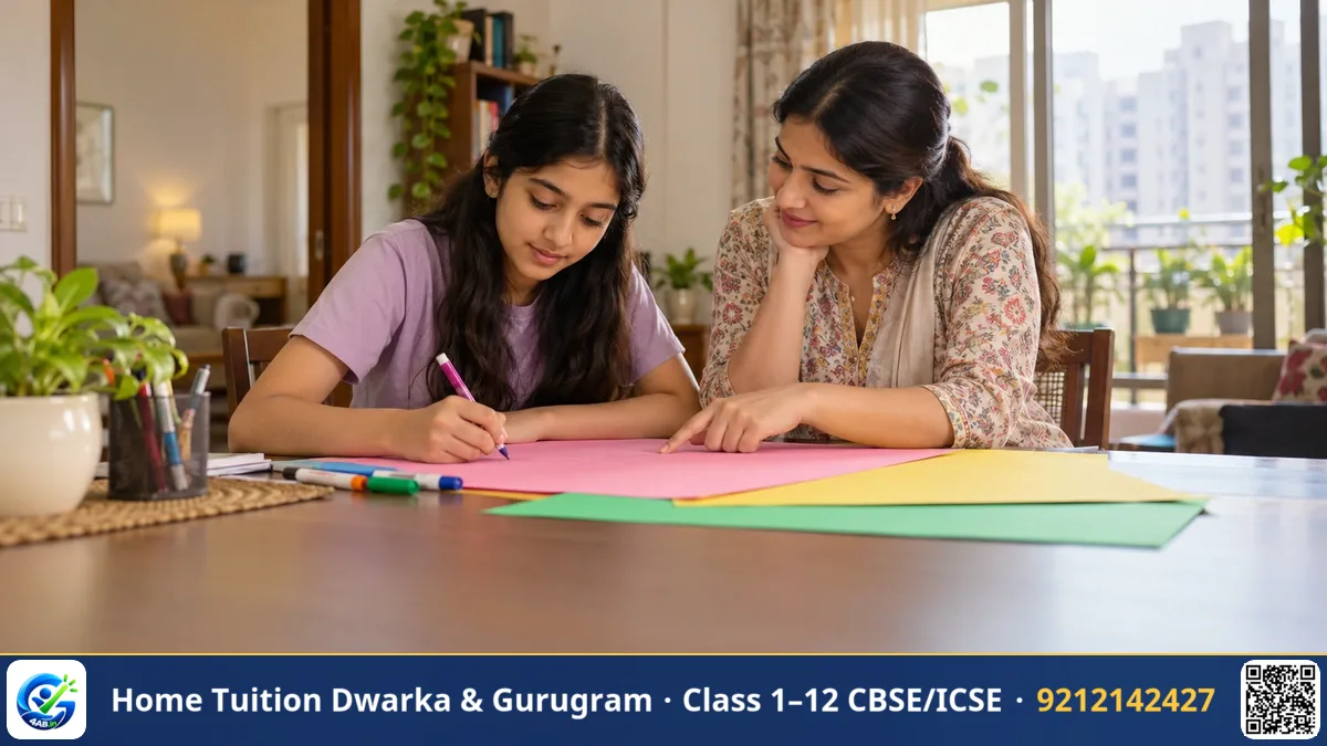 Teacher helping young student write in notebook beside pencils and open books on a wooden desk