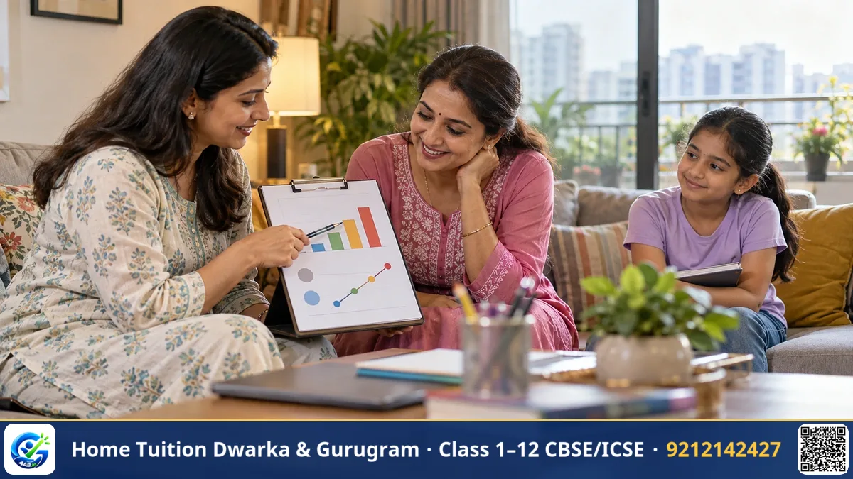 Tutor showing evaluated chemistry test paper with score breakdown and feedback notes to an attentive parent