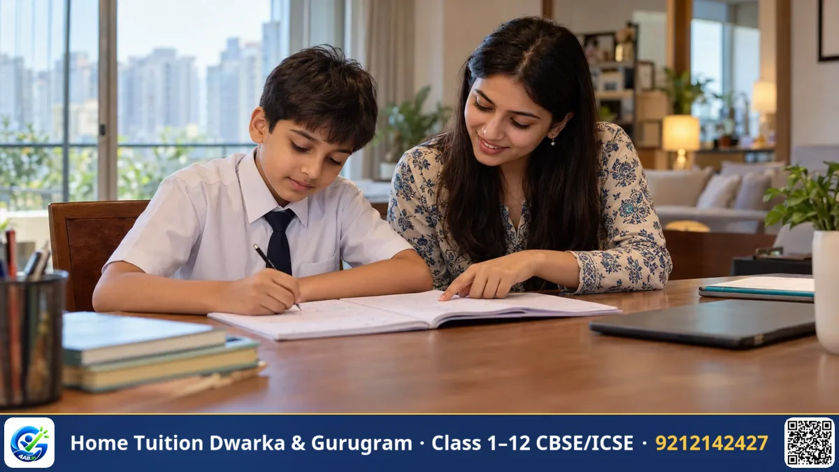 A middle school student studying science and math textbooks with a tutor at a wooden study table.