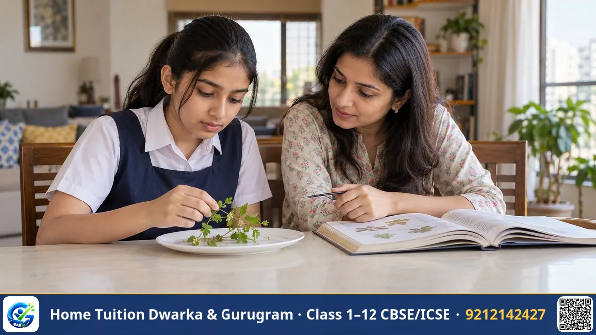 A student dissecting a plant stem model under a light microscope beside an open biology diagram book