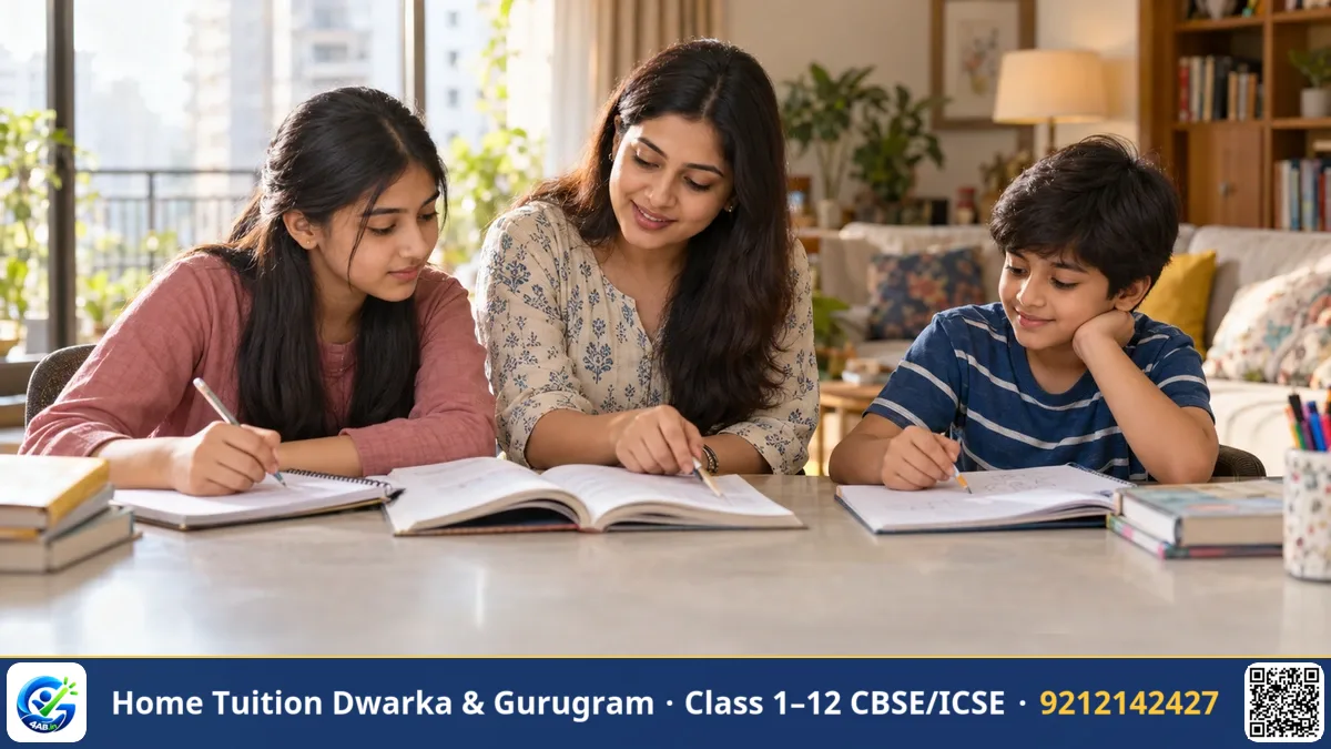 Tutor teaching two students sitting side by side at a study table with open chemistry textbooks