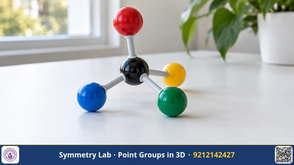 A ball-and-stick molecular model kit assembled into a tetrahedral molecule on a white desk, coloured plastic balls and.