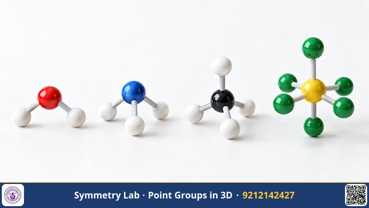 Several ball-and-stick molecule models of different shapes arranged on a table, one bent, one pyramid, one tetrahedron.