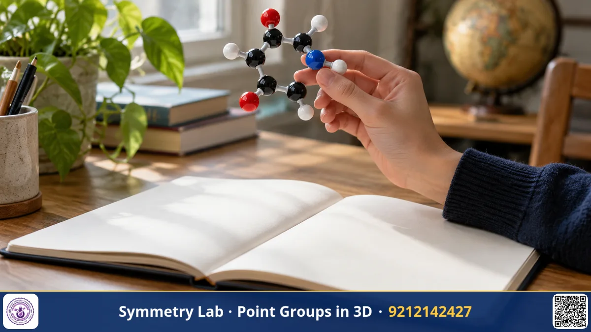 A student's hand turning a plastic ball-and-stick molecular model above an open notebook with blank pages, natural window.