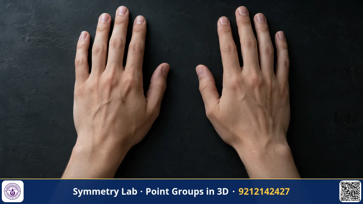 A left hand and a right hand placed palm down side by side on a dark table as mirror images, dramatic soft light.