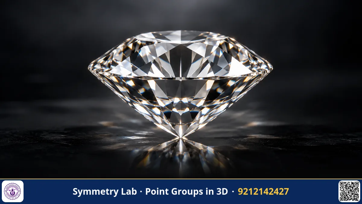 A perfectly symmetric faceted crystal gemstone on a dark reflective surface, macro photograph, studio light.