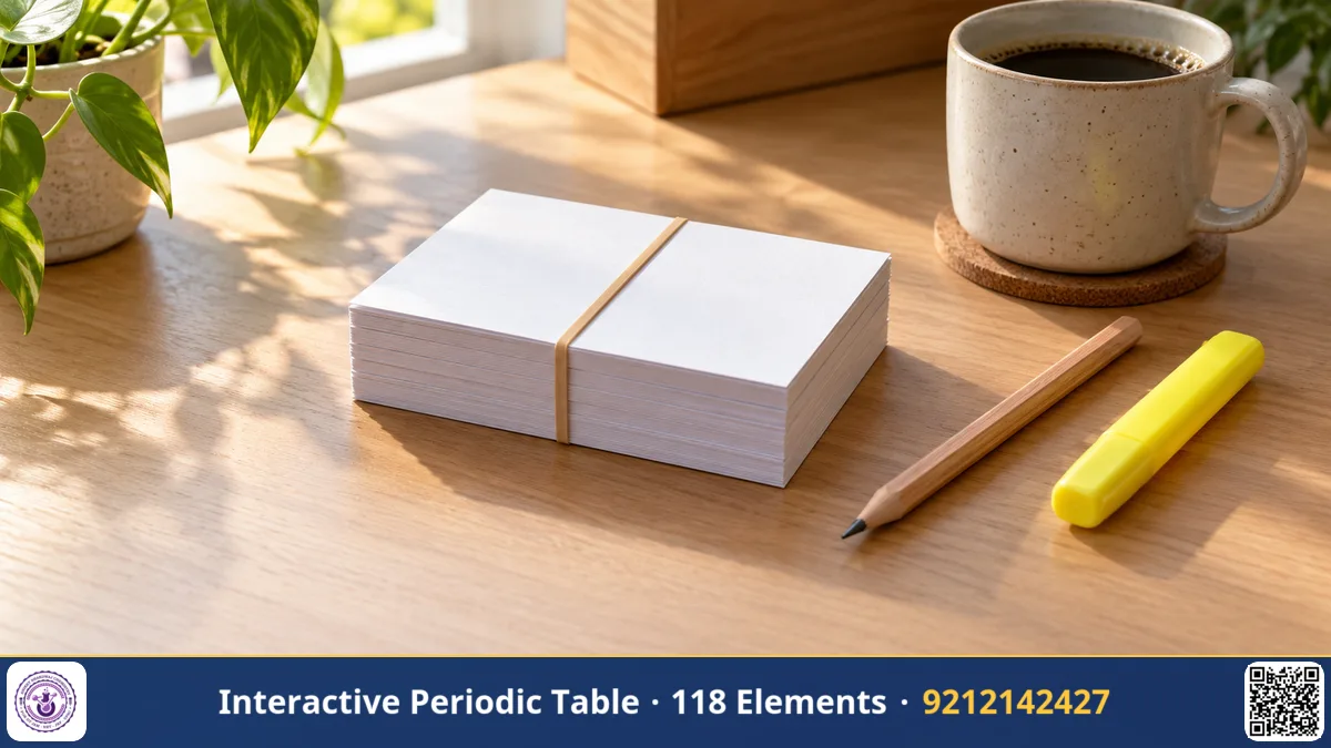A stack of blank index cards with a rubber band, a pencil and a highlighter on a desk next to a coffee cup, morning light.