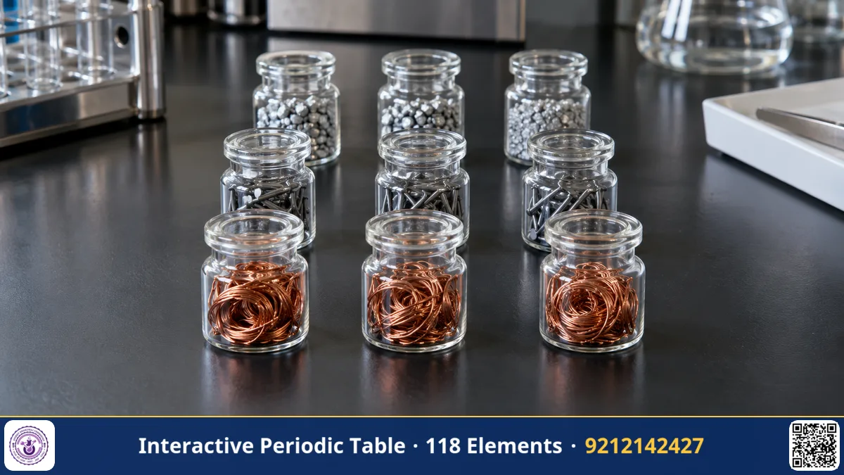 Small glass sample vials holding different metals such as copper wire, iron nails and zinc granules, arranged in a neat.