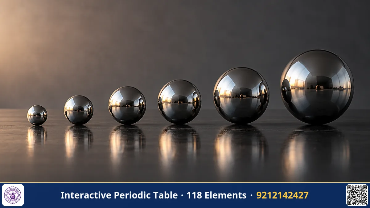 Shiny metal spheres of graduated sizes in a row on a reflective surface, clean studio light.