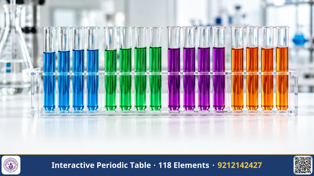 A rack of laboratory test tubes holding clear solutions in bright different colours, blue, green, purple and orange,.