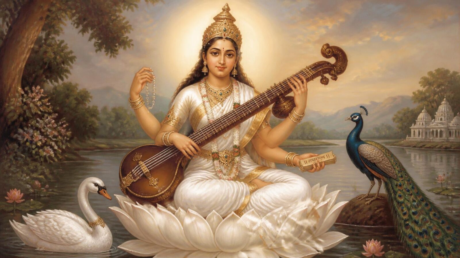 माता सरस्वती — चित्र, वीणा और हंस का प्रतीक