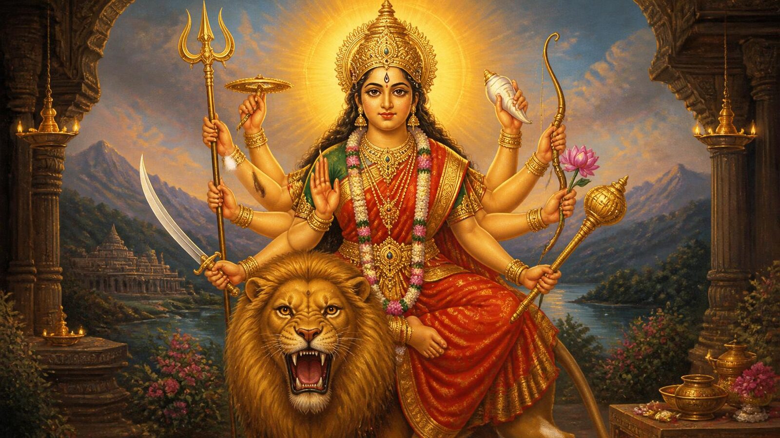 महिषासुर-मर्दिनी दुर्गा — सिंहवाहिनी अष्टभुजा चित्रण