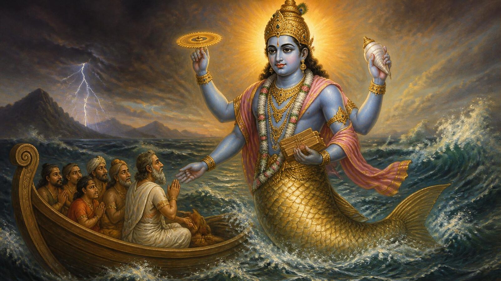 मत्स्य अवतार — वेद धारण किए मीन-रूप विष्णु, मनु की नौका एवं हयग्रीव-वध (लगभग 1870 की चित्रकृति)