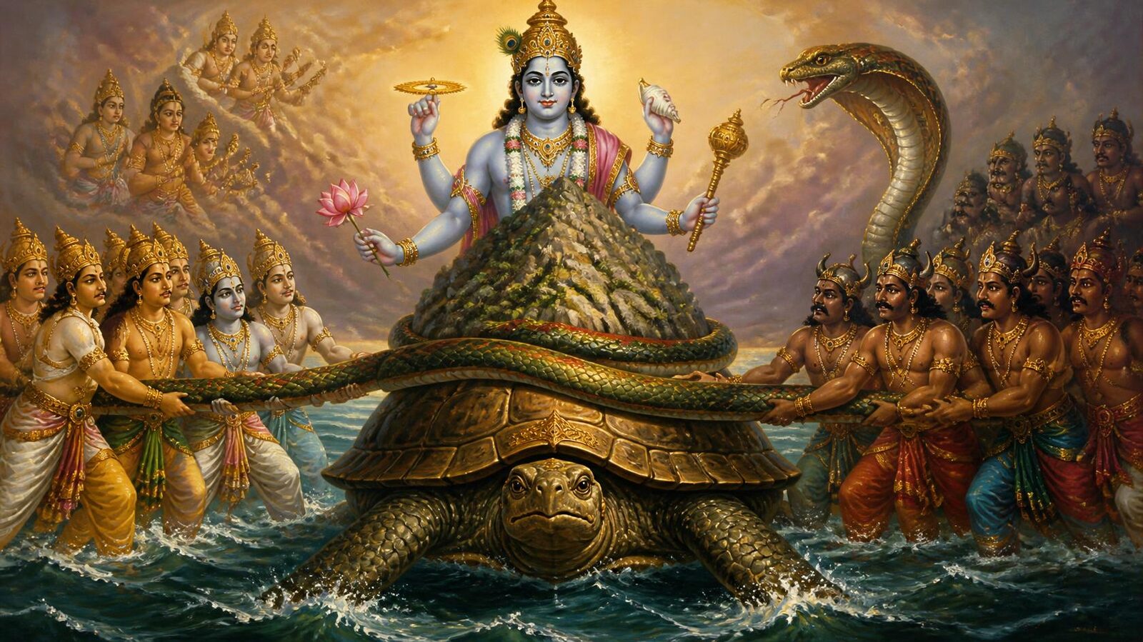 कूर्म अवतार — समुद्र मंथन चित्रकृति (~1870): जल में कूर्म पर मंदराचल, वासुकि-रज्जु थामे देव-दानव पंक्तियाँ