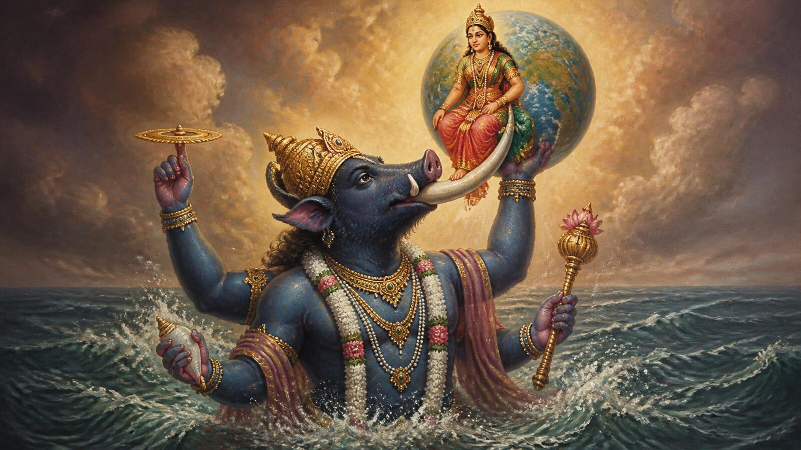 वराह अवतार — उदासी-परंपरा की सचित्र पोथी (1757-59): नील वराह-मूर्ति, कमल-गदा सहित; शीर्ष पर गुरुमुखी पाठ