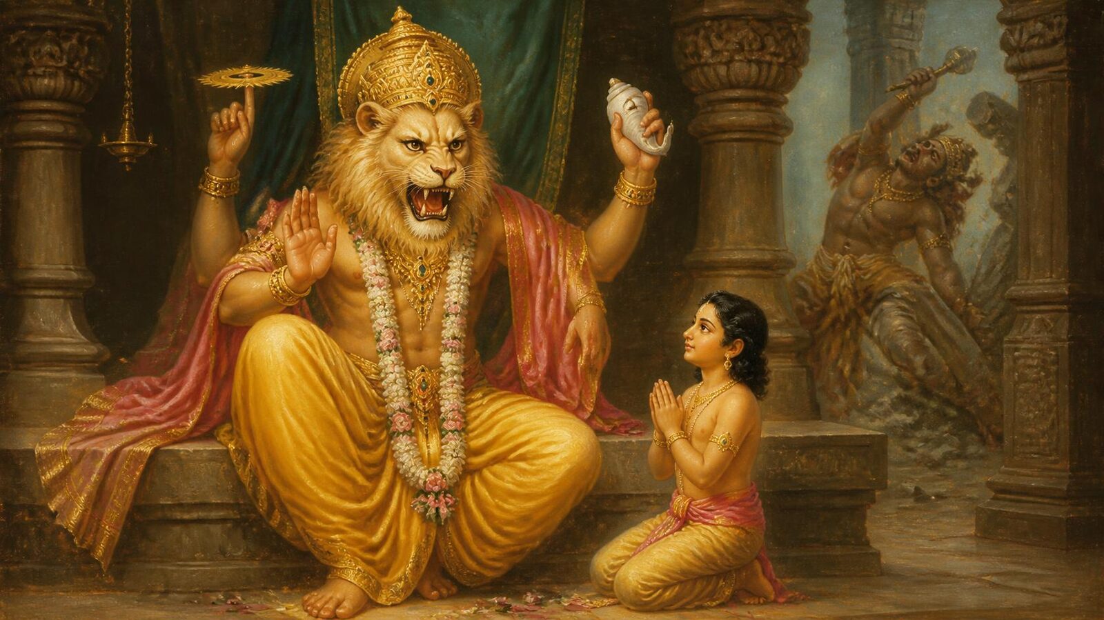 हिरण्यकशिपु-वध करते नृसिंह, प्रह्लाद सहित — पारंपरिक दक्षिण-भारतीय चित्रकला
