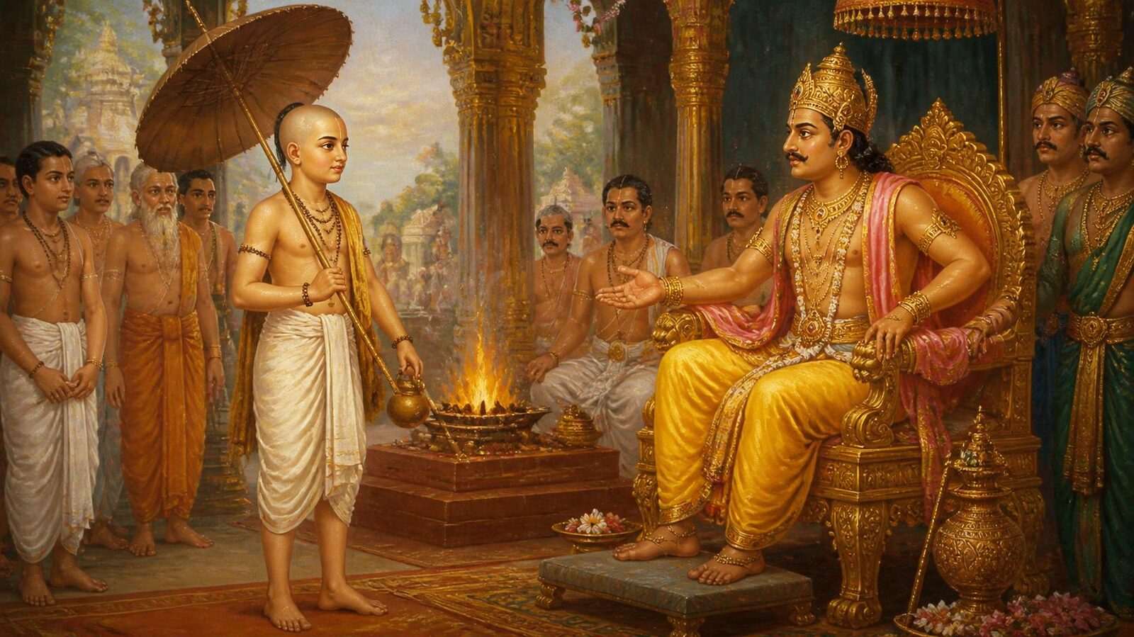 बलि द्वारा वामन को जल-दान, शुक्राचार्य के निषेध सहित — पहाड़ी लघुचित्र